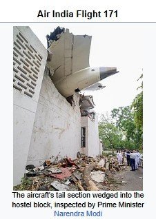 Photo of Air India Flight 171 tail section embedded in hostel wall at Ahmedabad, visited by PM Narendra Modi after the crash.