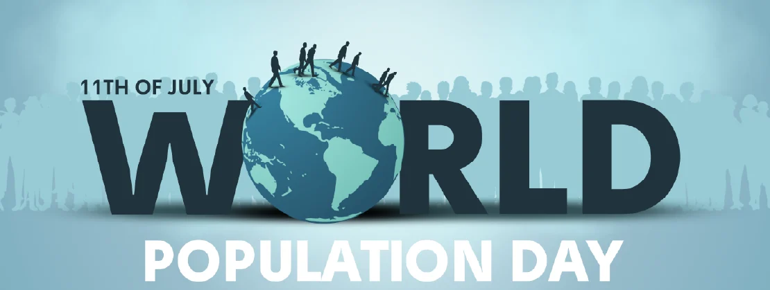 Illustration of World Population Day showing people walking on a globe with large text "WORLD" and "11th of July – Population Day" emphasizing awareness of global population issues.