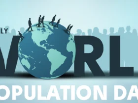 Illustration of World Population Day showing people walking on a globe with large text "WORLD" and "11th of July – Population Day" emphasizing awareness of global population issues.