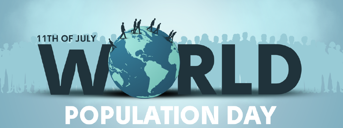 Illustration of World Population Day showing people walking on a globe with large text "WORLD" and "11th of July – Population Day" emphasizing awareness of global population issues.