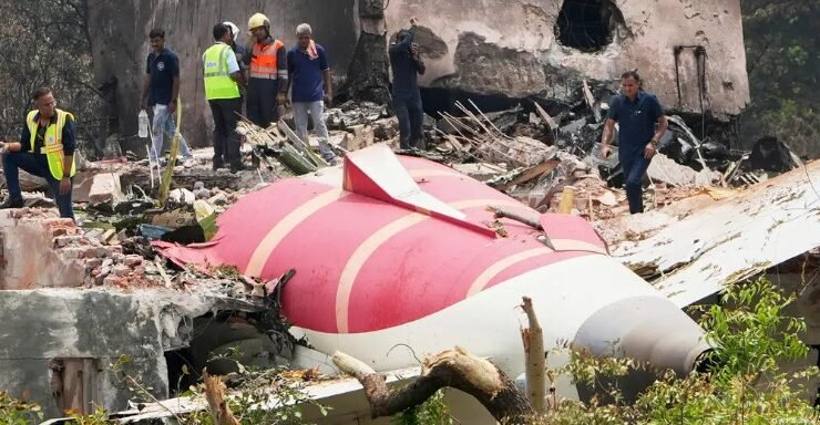 Wreckage of Air India Flight AI 171 with investigators at the crash site in Ahmedabad, June 12, 2025