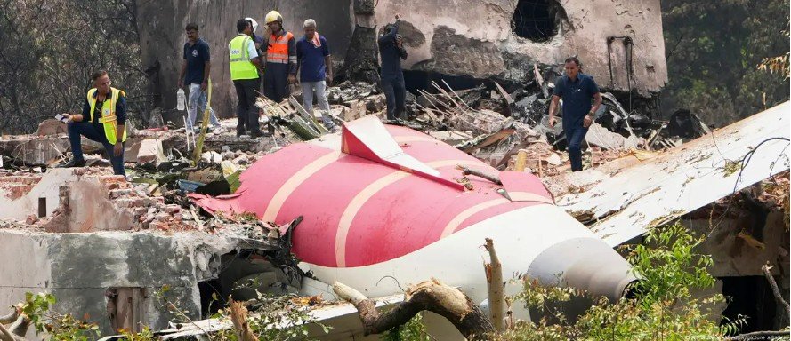 Wreckage of Air India Flight AI 171 with investigators at the crash site in Ahmedabad, June 12, 2025